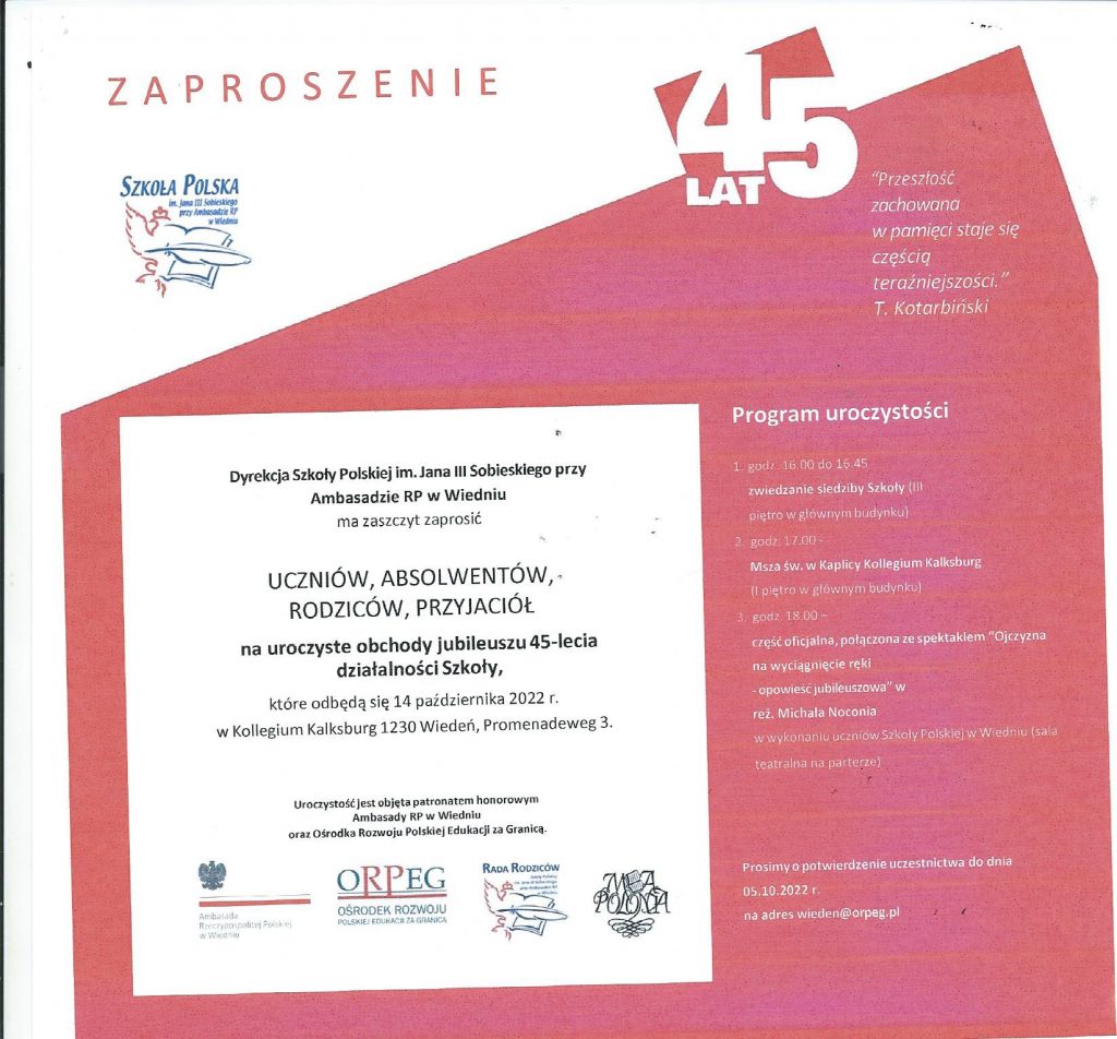 Zaproszenie na jubileusz 45-lecia działalności Szkoły