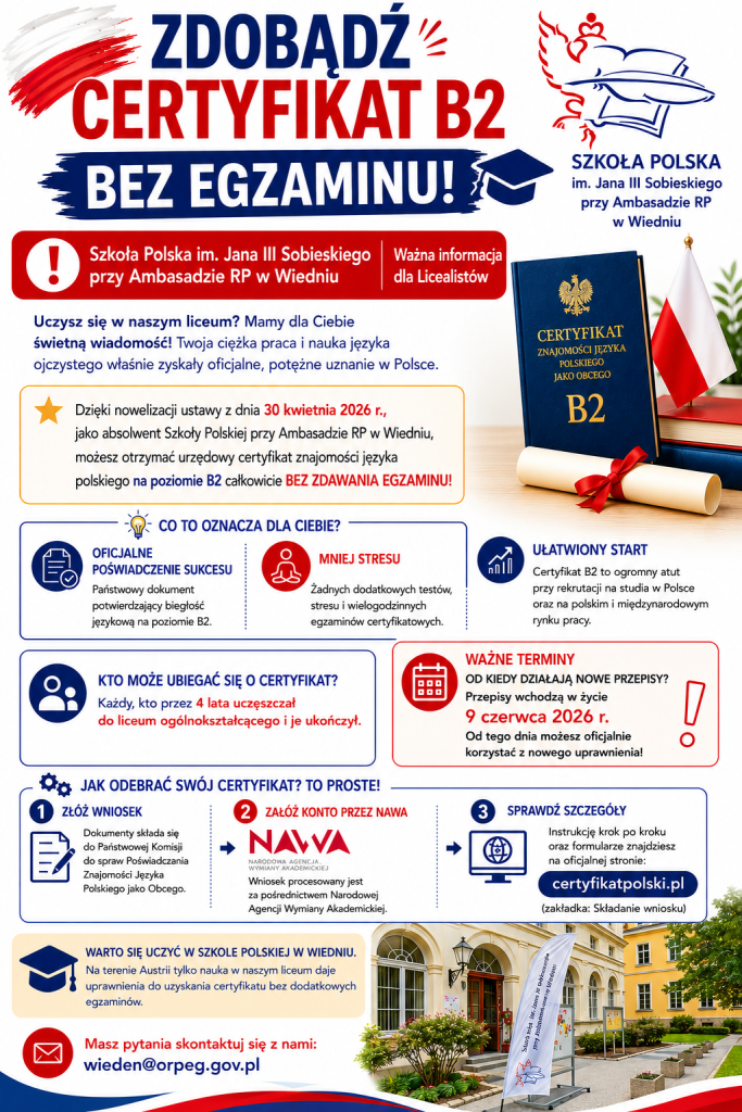 Certyfiakt B2 z języka polskiego dla Absolwentów Liceum Ogólnokształcącego Szkoły Polskiej im. Jana III Sobieskiego przy Ambasadzie RP w Wiedniu.